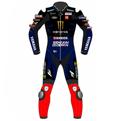 2023 Fabio Quartararo MotoGP leather racing suit front view black blue Monster Energy Yamaha graphics red knees
