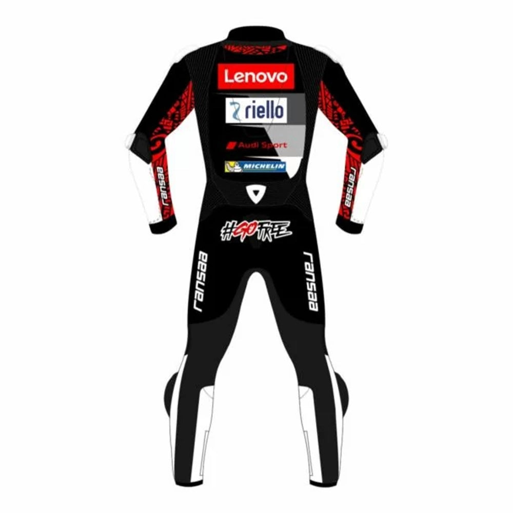 2023 Francesco Bagnaia MotoGP leather racing suit front view black white red Winter Test Ducati Lenovo graphics