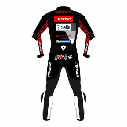 2023 Francesco Bagnaia MotoGP leather racing suit front view black white red Winter Test Ducati Lenovo graphics