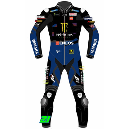 2023 Franco Morbidelli MotoGP leather racing suit front view dark blue black Monster Energy Yamaha graphics green 21 logo