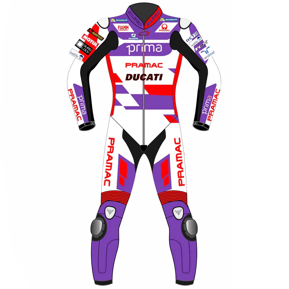 2023 Johann Zarco MotoGP leather racing suit front view white purple red Prima Pramac Ducati graphics