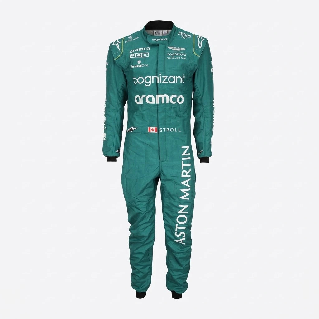 2023 Lance Stroll Miami GP Aston Martin F1 race suit front view in British racing green with Canadian flag belt detail and Aramco logo