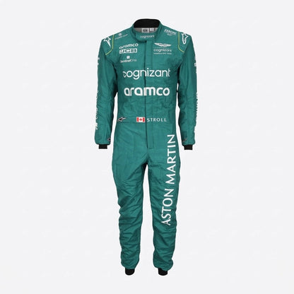 2023 Lance Stroll Miami GP Aston Martin F1 race suit front view in British racing green with Canadian flag belt detail and Aramco logo