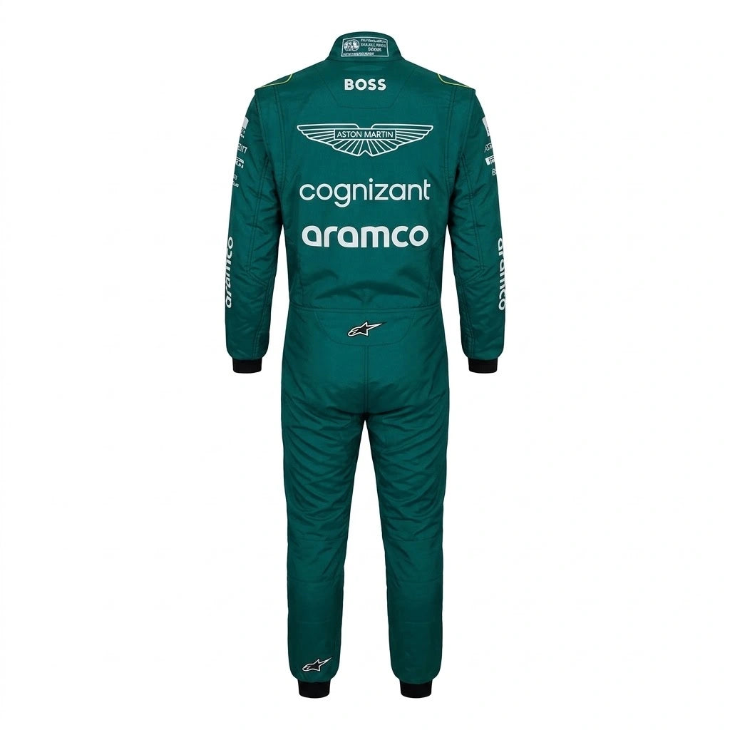 2023 Lance Stroll Miami GP Aston Martin F1 race suit front view in British racing green with Canadian flag belt detail and Aramco logo
