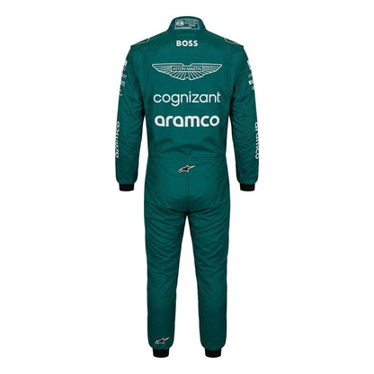2023 Lance Stroll Miami GP Aston Martin F1 race suit front view in British racing green with Canadian flag belt detail and Aramco logo