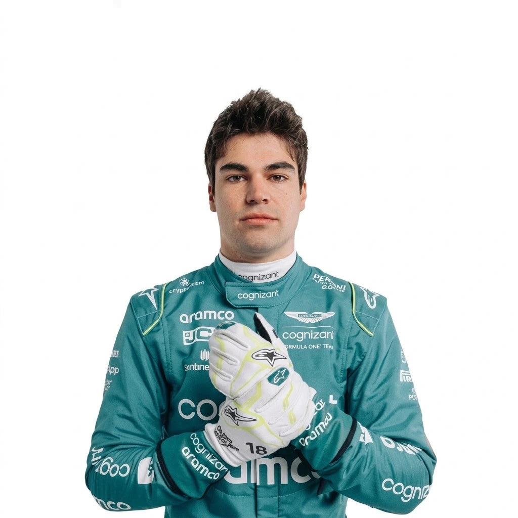 2023 Lance Stroll Miami GP Aston Martin F1 race suit front view in British racing green with Canadian flag belt detail and Aramco logo