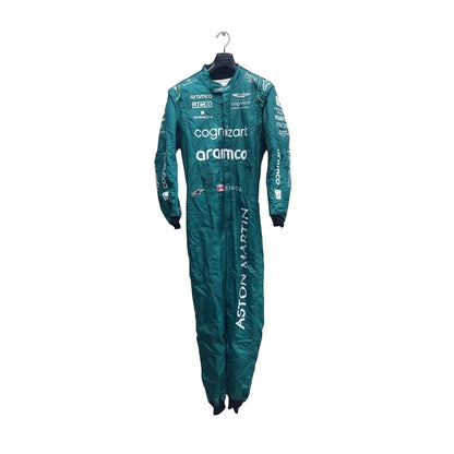 2023 Lance Stroll Miami GP Aston Martin F1 race suit front view in British racing green with Canadian flag belt detail and Aramco logo