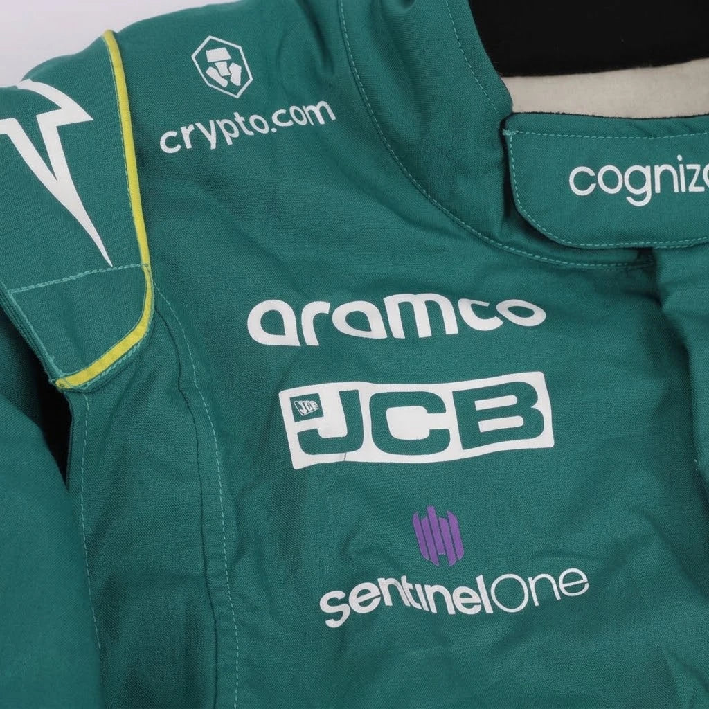 2023 Lance Stroll Miami GP Aston Martin F1 race suit front view in British racing green with Canadian flag belt detail and Aramco logo