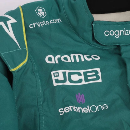 2023 Lance Stroll Miami GP Aston Martin F1 race suit front view in British racing green with Canadian flag belt detail and Aramco logo