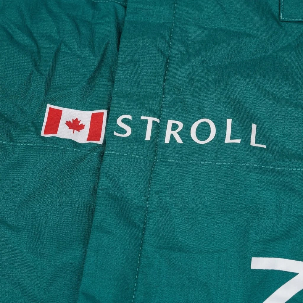 2023 Lance Stroll Miami GP Aston Martin F1 race suit front view in British racing green with Canadian flag belt detail and Aramco logo