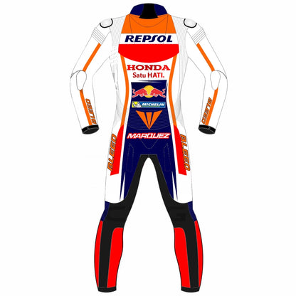 2023 Marc Marquez MotoGP leather racing suit front view orange white navy Repsol Honda graphics