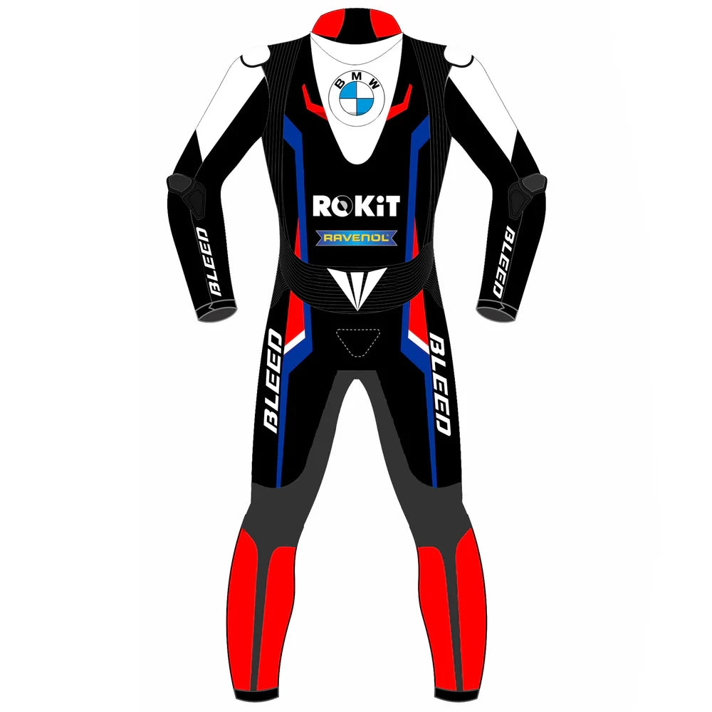 2023 Michael van der Mark WSBK leather racing suit front view white black red blue ROKiT BMW Motorrad graphics