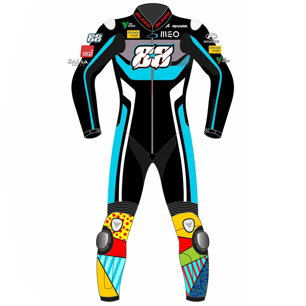 2023 Miguel Oliveira MotoGP leather racing suit front view black cyan yellow red Aprilia Winter Test graphics