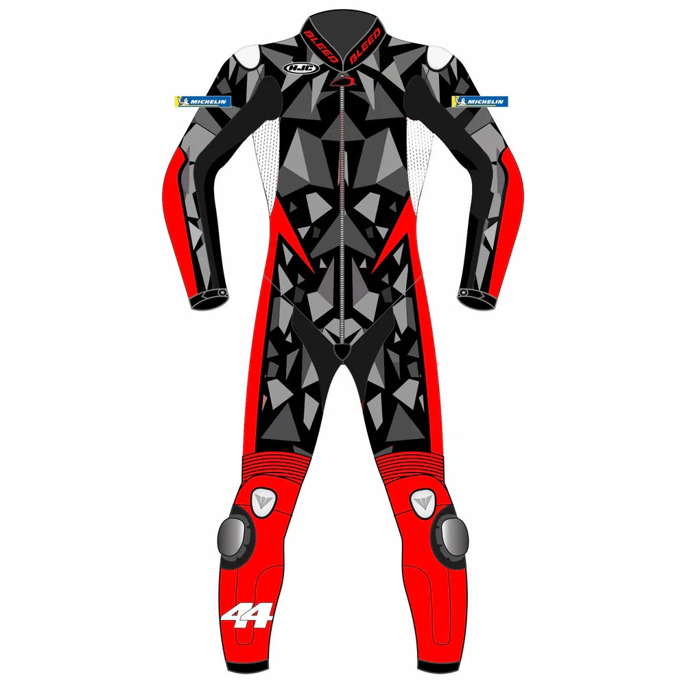 2023 Pol Espargaro MotoGP leather racing suit back view red grey geometric camo POL44 GASGAS KTM Winter Test graphics