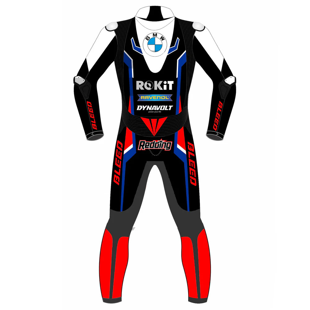 2023 Scott Redding WSBK leather racing suit front view white black red blue ROKiT BMW Motorrad graphics