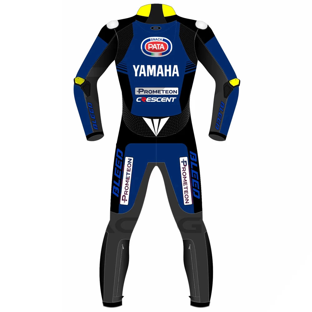 2023 Toprak Razgatlioglu WSBK leather racing suit front view blue black yellow Pata Yamaha graphics