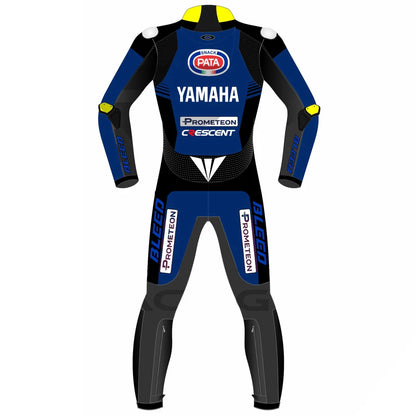 2023 Toprak Razgatlioglu WSBK leather racing suit front view blue black yellow Pata Yamaha graphics