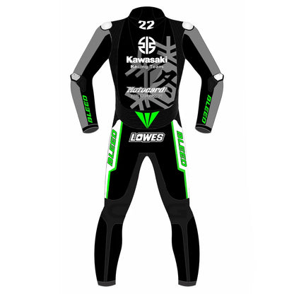 2023 Alex Lowes WSBK leather racing suit front view Kawasaki Ninja winter test grey black lime green graphics