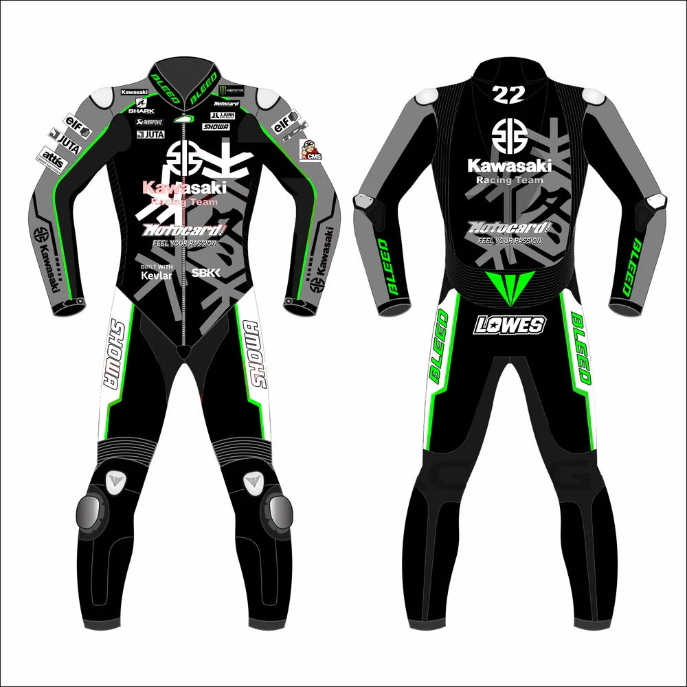2023 Alex Lowes WSBK leather racing suit front view Kawasaki Ninja winter test grey black lime green graphics