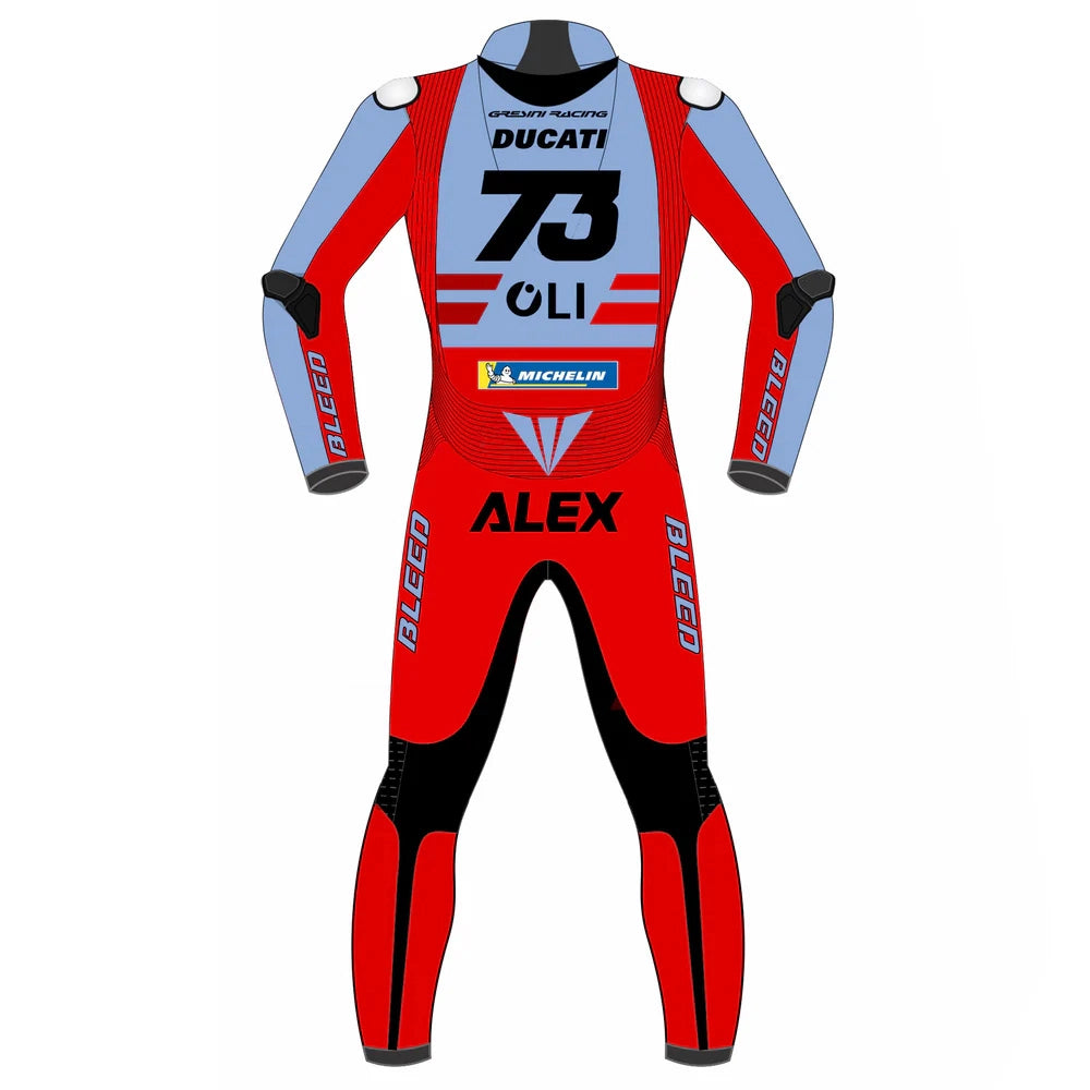 2023 Alex Marquez MotoGP leather racing suit front view powder blue red Gresini Ducati graphics