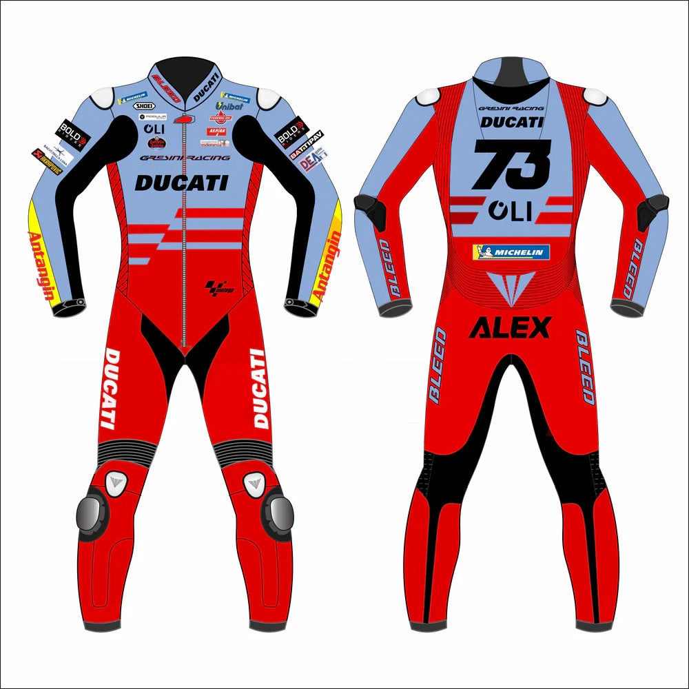 2023 Alex Marquez MotoGP leather racing suit front view powder blue red Gresini Ducati graphics