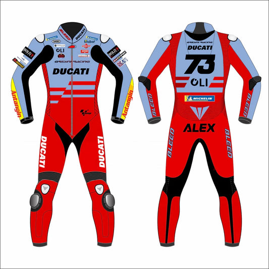 2023 Alex Marquez MotoGP leather racing suit front view powder blue red Gresini Ducati graphics