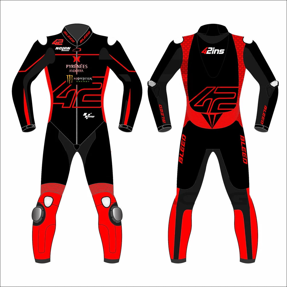 2023 Alex Rins MotoGP  leather racing suit front view black red Honda LCR winter test graphics 