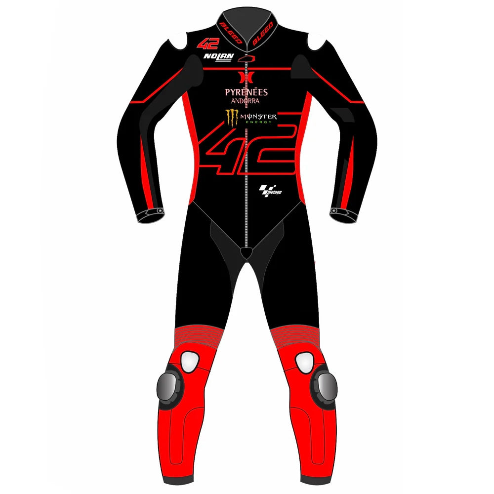 2023 Alex Rins MotoGP leather racing suit front view black red Honda LCR winter test graphics number 42