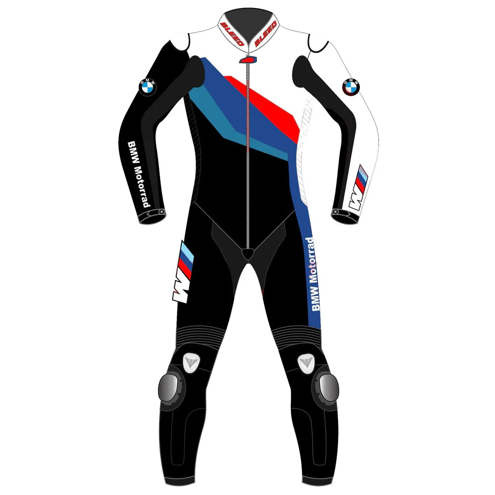 2023 BMW Motorrad leather racing suit front view white black M Motorsport tri-color graphics