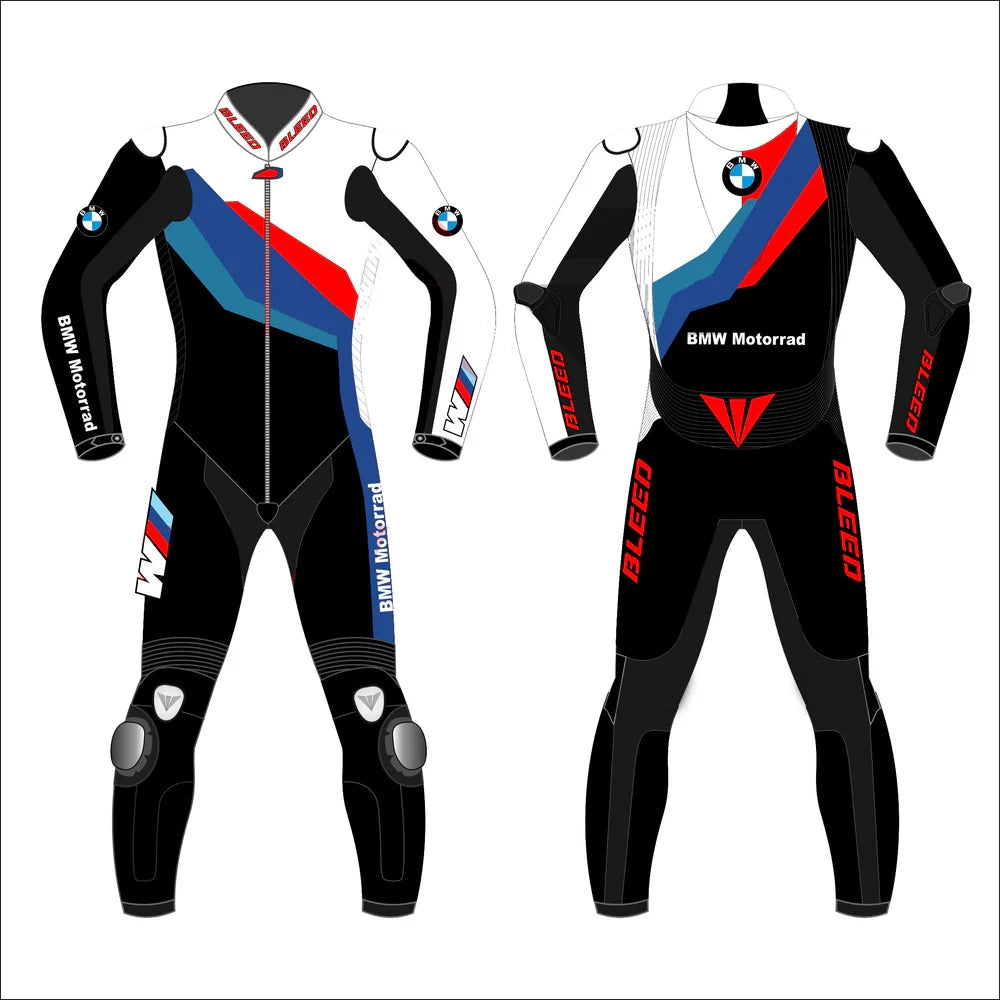2023 BMW Motorrad leather racing suit front view white black M Motorsport tri-color graphics