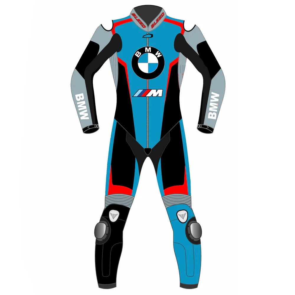 2023 BMW Pro Race Superbike leather racing suit front view electric blue black M logo graphics