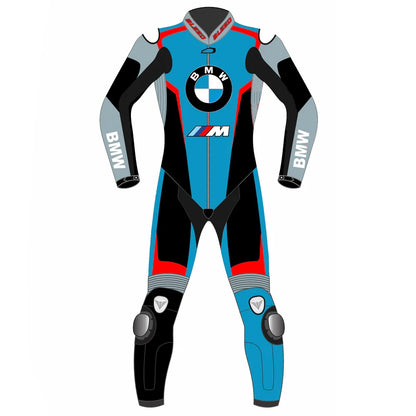 2023 BMW Pro Race Superbike leather racing suit front view electric blue black M logo graphics