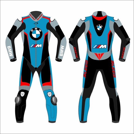 2023 BMW Pro Race Superbike leather racing suit front view electric blue black M logo graphics