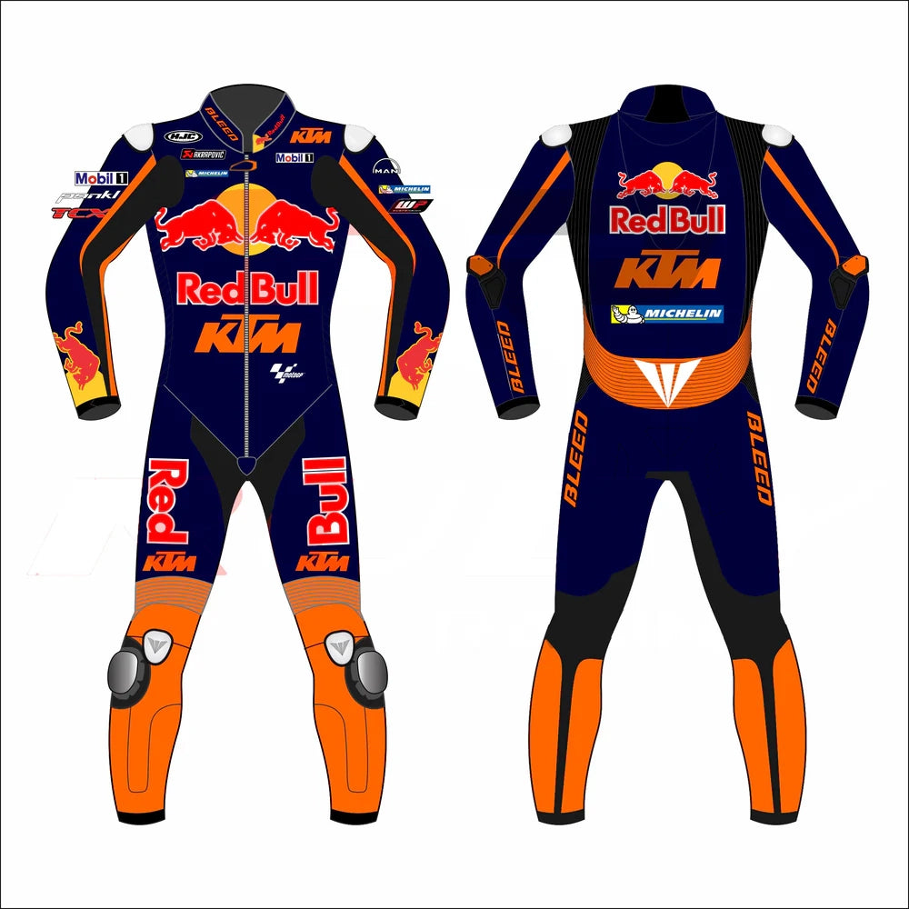 2023 Brad Binder MotoGP leather racing suit front view navy orange Red Bull KTM graphics