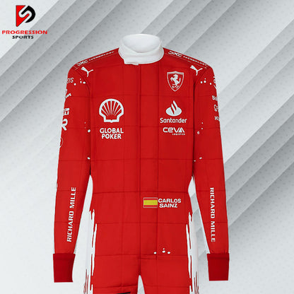 2023 Carlos Sainz Ferrari F1 Las Vegas GP special edition race suit in unique red and white livery with sponsor logos

