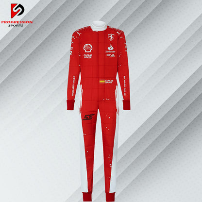 2023 Carlos Sainz Ferrari F1 Las Vegas GP special edition race suit in unique red and white livery with sponsor logos

