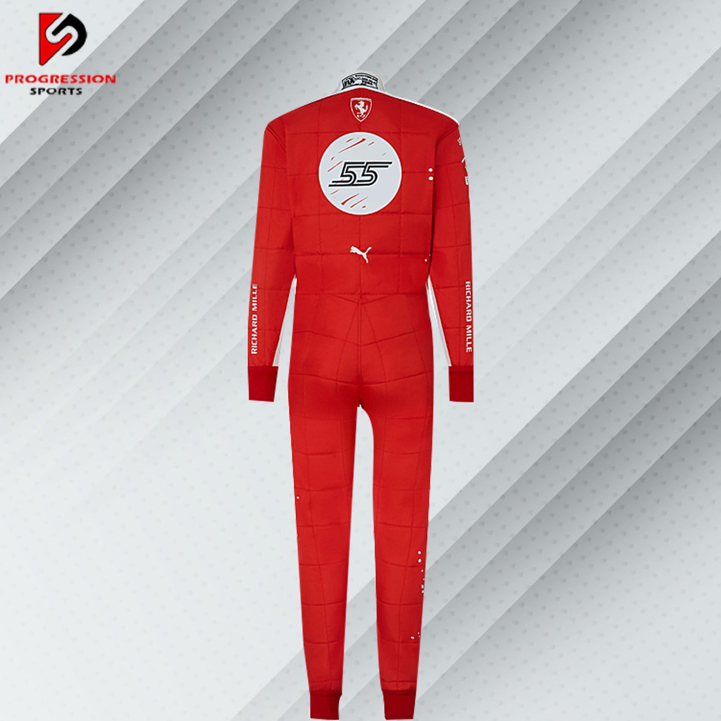 2023 Carlos Sainz Ferrari F1 Las Vegas GP special edition race suit in unique red and white livery with sponsor logos

