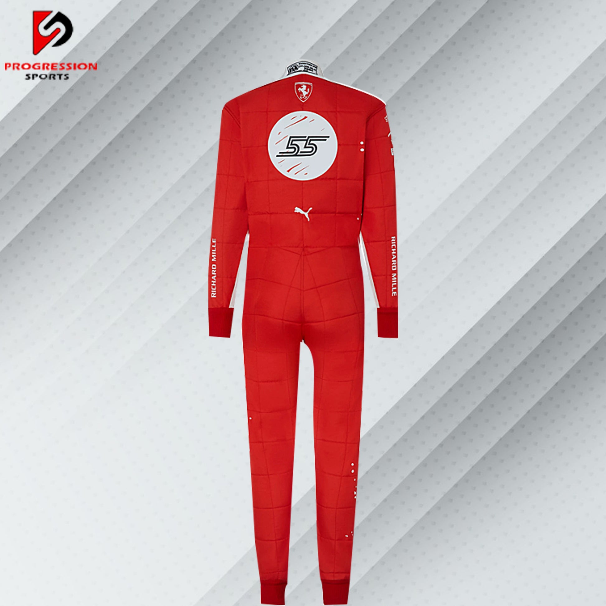 2023 Carlos Sainz Ferrari F1 Las Vegas GP special edition race suit in unique red and white livery with sponsor logos

