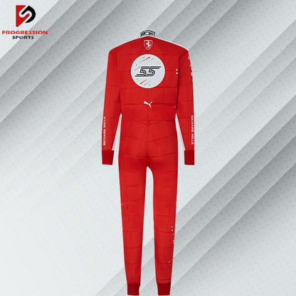 2023 Carlos Sainz Ferrari F1 Las Vegas GP special edition race suit in unique red and white livery with sponsor logos

