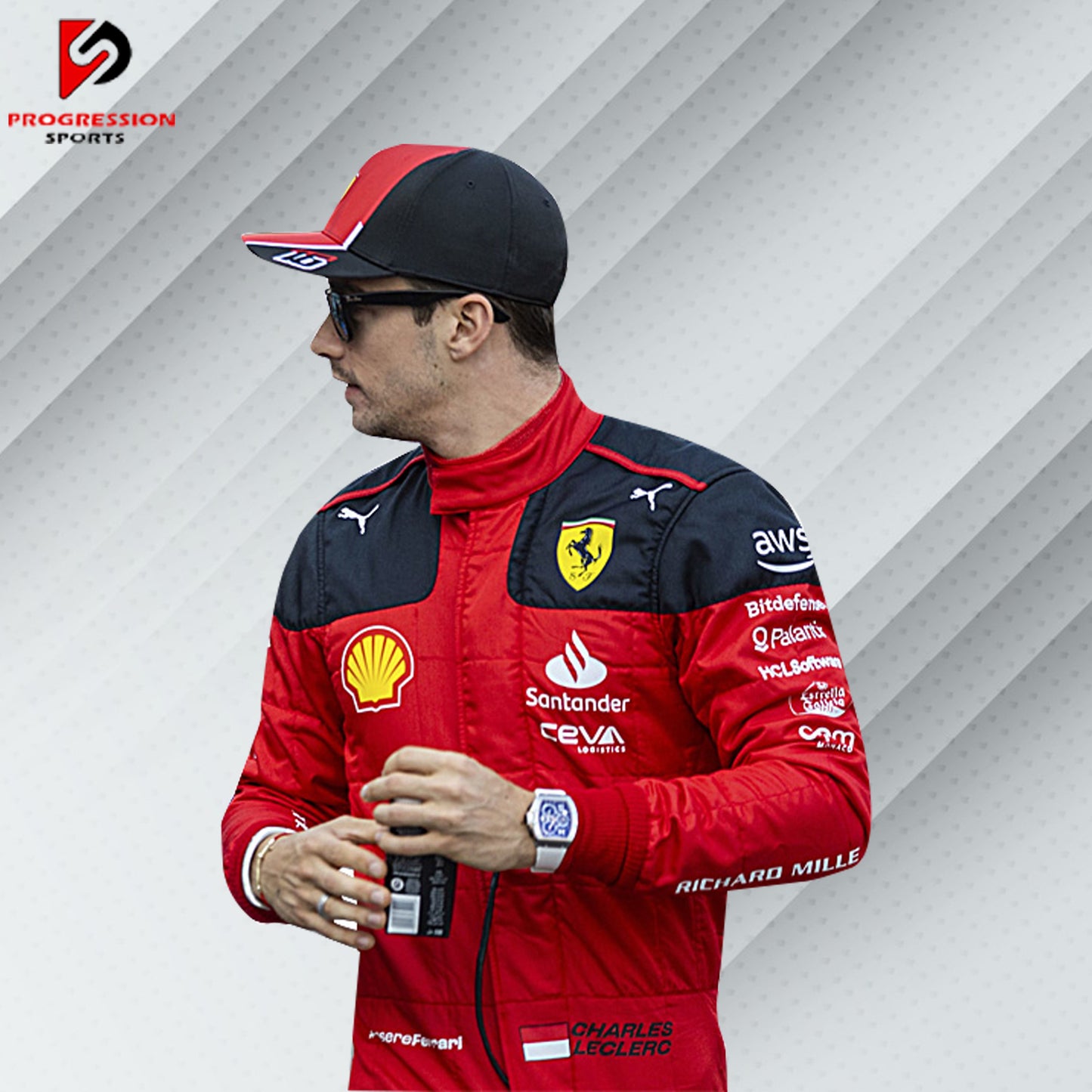 2023 Charles Leclerc Ferrari F1 race suit in red with Santander, Shell, Ray-Ban, and Scuderia Ferrari sponsor logos

