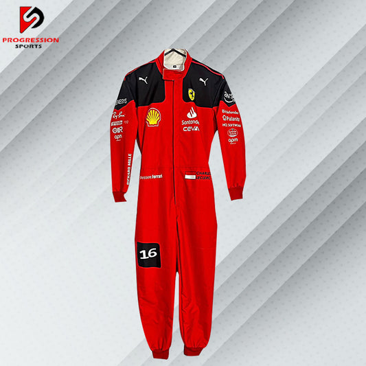 2023 Charles Leclerc Ferrari F1 race suit in red with Santander, Shell, Ray-Ban, and Scuderia Ferrari sponsor logos

