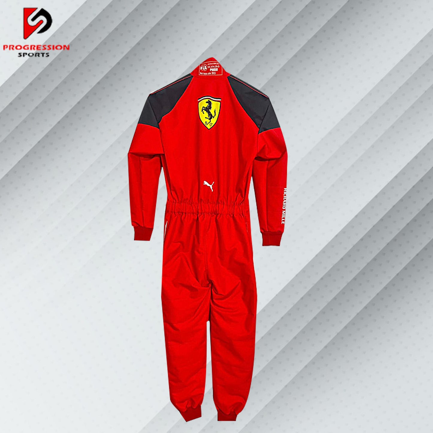 2023 Charles Leclerc Ferrari F1 race suit in red with Santander, Shell, Ray-Ban, and Scuderia Ferrari sponsor logos

