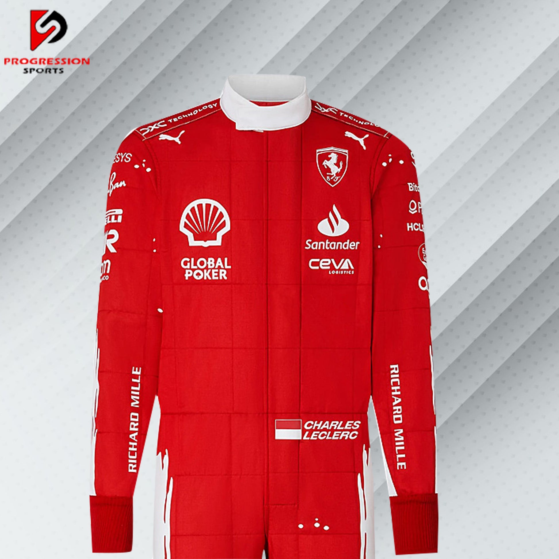 2023 Carlos Sainz Ferrari F1 Las Vegas GP special edition race suit in unique red and white livery with sponsor logos

