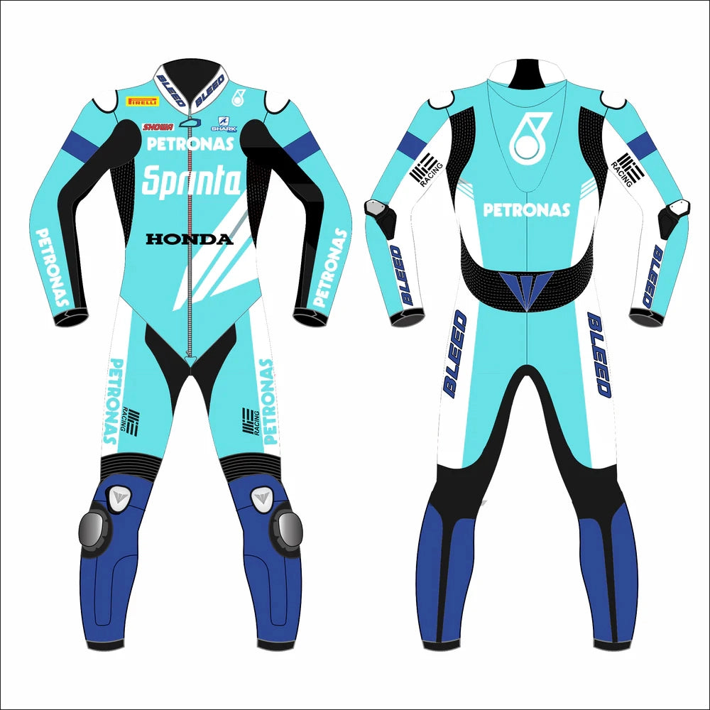 2023 Eric Granado WorldSBK leather racing suit front view turquoise blue Petronas MIE Honda graphics