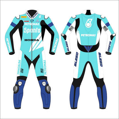 2023 Eric Granado WorldSBK leather racing suit front view turquoise blue Petronas MIE Honda graphics