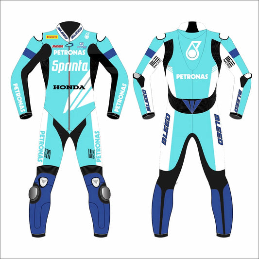 2023 Eric Granado WorldSBK leather racing suit front view turquoise blue Petronas MIE Honda graphics