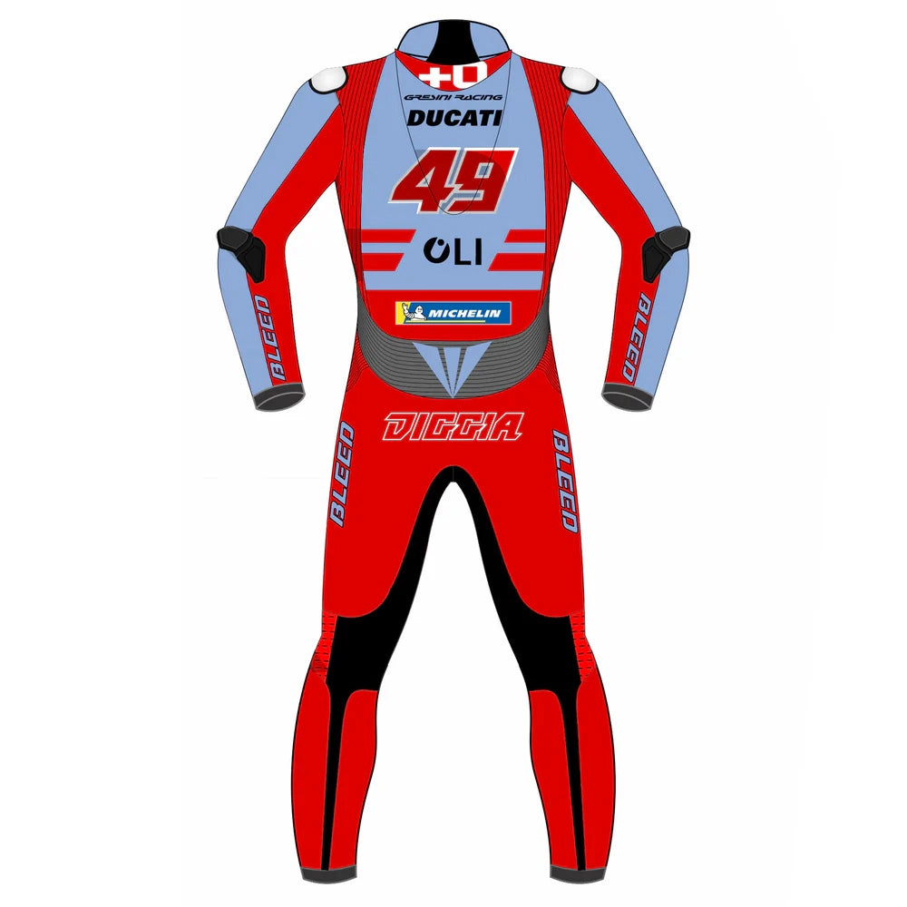 2023 Fabio Di Giannantonio MotoGP leather racing suit front view powder blue red Gresini Ducati graphics