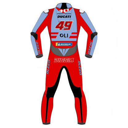 2023 Fabio Di Giannantonio MotoGP leather racing suit front view powder blue red Gresini Ducati graphics