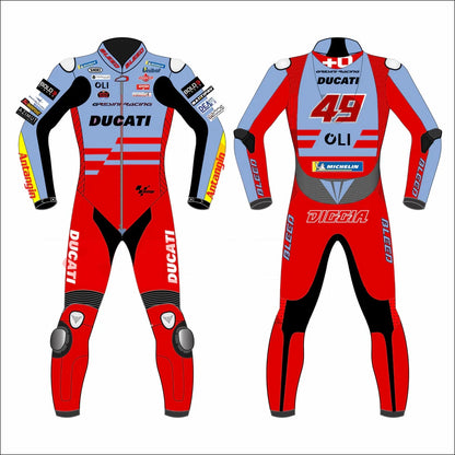 2023 Fabio Di Giannantonio MotoGP leather racing suit front view powder blue red Gresini Ducati graphics