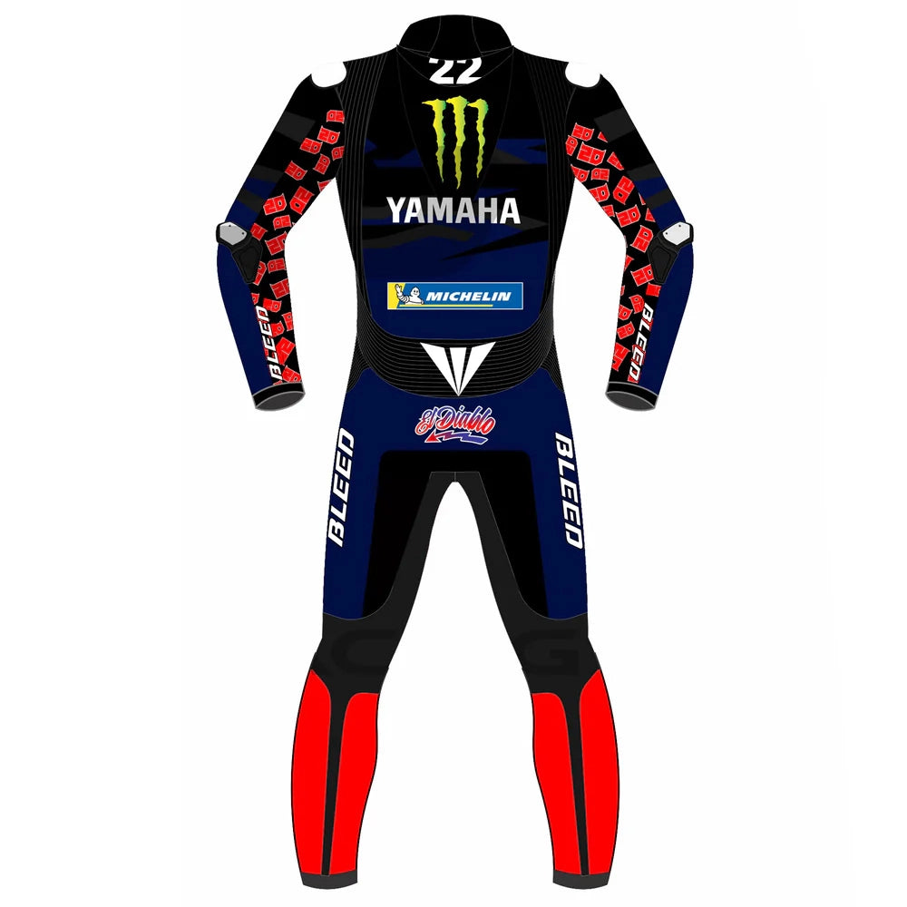 2023 Fabio Quartararo MotoGP leather racing suit front view black blue Monster Energy Yamaha graphics red knees